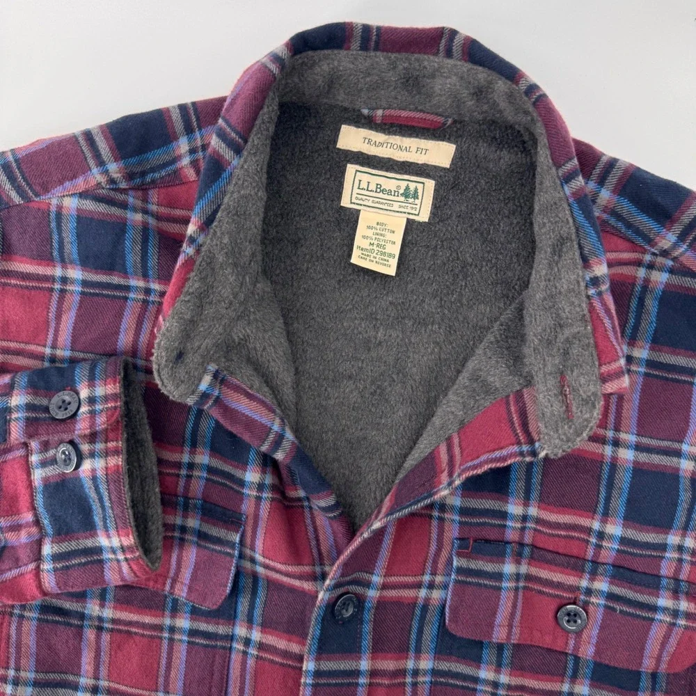 L.L. Bean Shirt Jacket Mens M Burgundy Plaid Fleece Lined Traditional Fit 298189